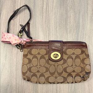 Coach Brown Signature Canvas Wristlet with Tan Accents